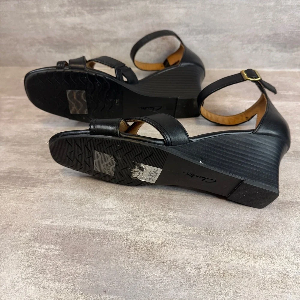 Clarks Womens Black Leather Strappy Wedge Sandals Ankle Strap Size 9.5